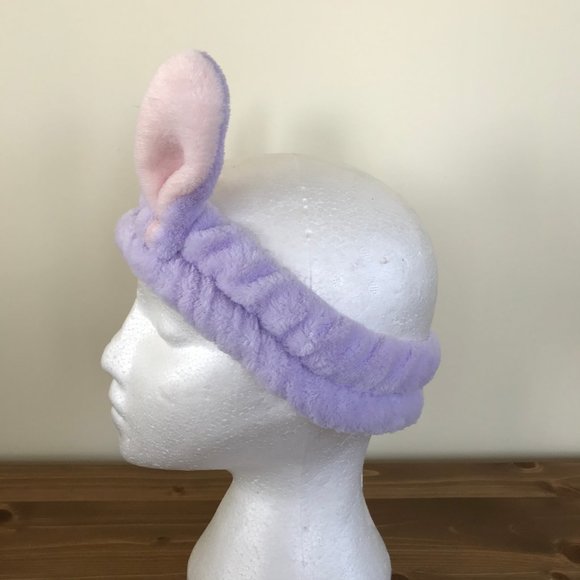 Soft Plush Bunny Ear Stretch Headband Lilac Purple with Pastel Pink - Picture 2 of 6